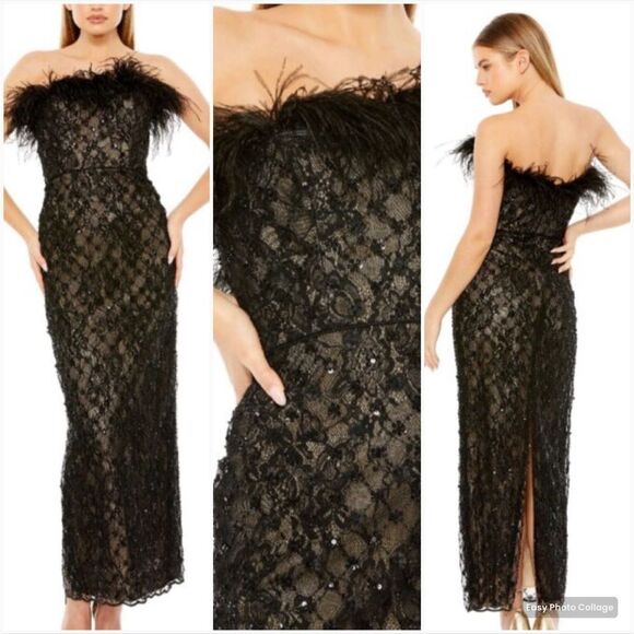 Mac Duggal 68140 Womens Black Embellished Feather Strapless Column Dress - Picture 1 of 14
